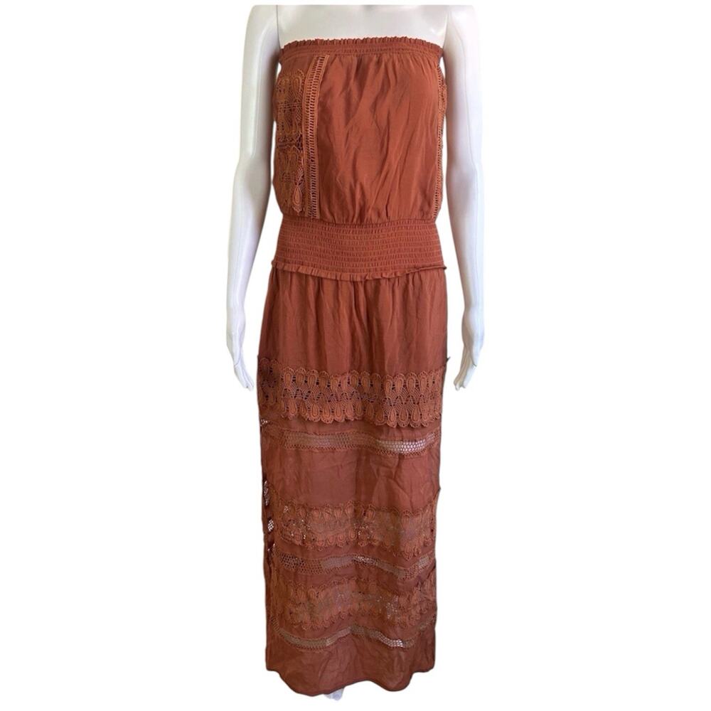 Elan Athena Strapless Lace Maxi Dress Smocked Beach Cover Up Clay M Boho - Picture 14 of 14